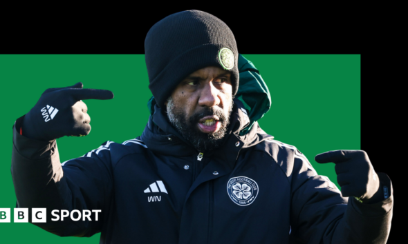 Wilfried Nancy graphic showing Celtic manager in club winter jacket with club badge, against a green and black background. Nancy is also wearing gloves and a black hat.