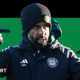 Wilfried Nancy graphic showing Celtic manager in club winter jacket with club badge, against a green and black background. Nancy is also wearing gloves and a black hat.