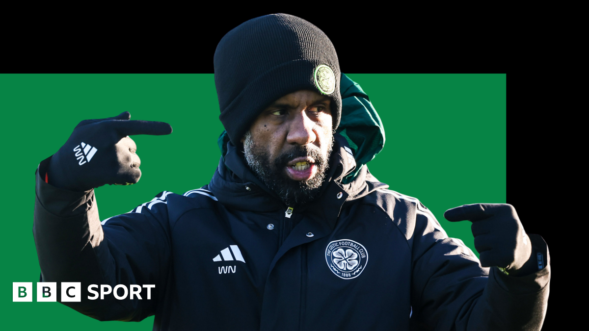 Wilfried Nancy graphic showing Celtic manager in club winter jacket with club badge, against a green and black background. Nancy is also wearing gloves and a black hat.