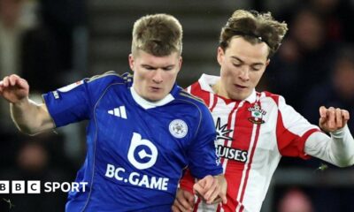 Jordan James of Leicester City (left) in action with Caspar Jander (right) of Southampton
