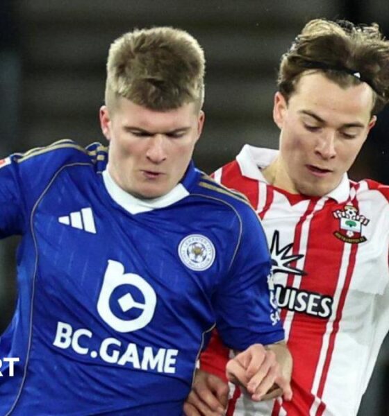 Jordan James of Leicester City (left) in action with Caspar Jander (right) of Southampton