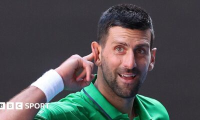 Novak Djokovic jokes with the crowd in a practice session at the 2026 Australian Open