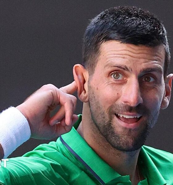 Novak Djokovic jokes with the crowd in a practice session at the 2026 Australian Open