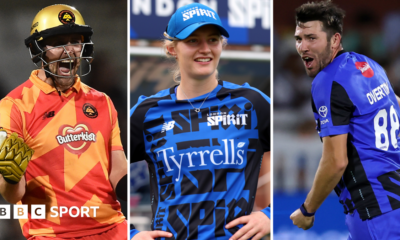 Liam Livingstone fist bumps in Birmingham Phoenix kit, Charlie Dean looks on and Jamie Overton celebrates a wicket for London Spirit
