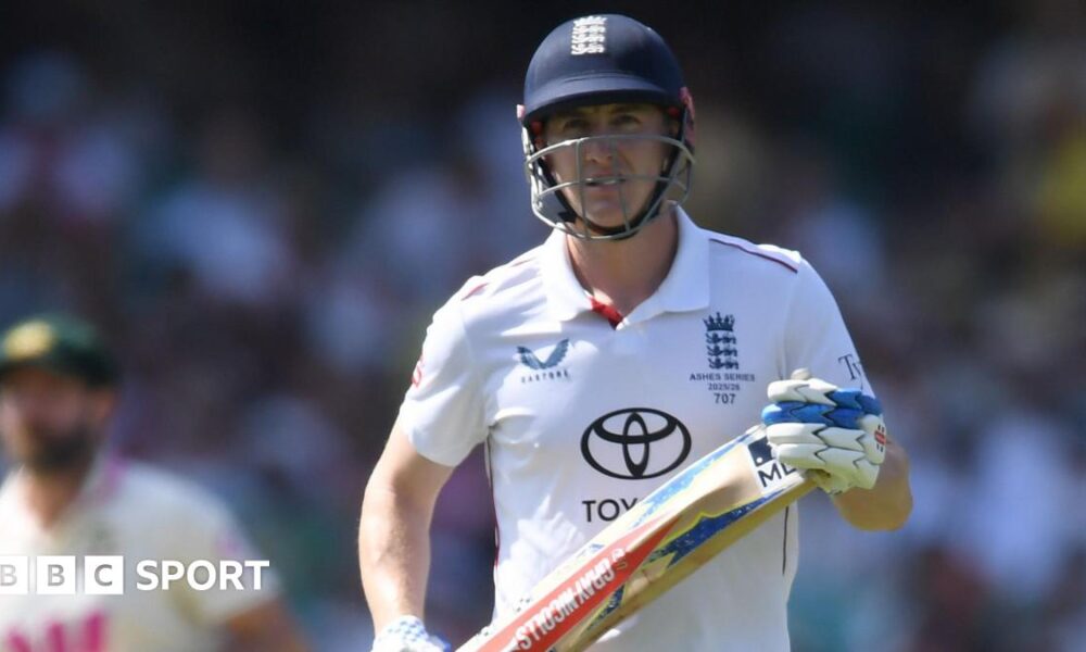 Harry Brook holding his bat while playing for England against Australia