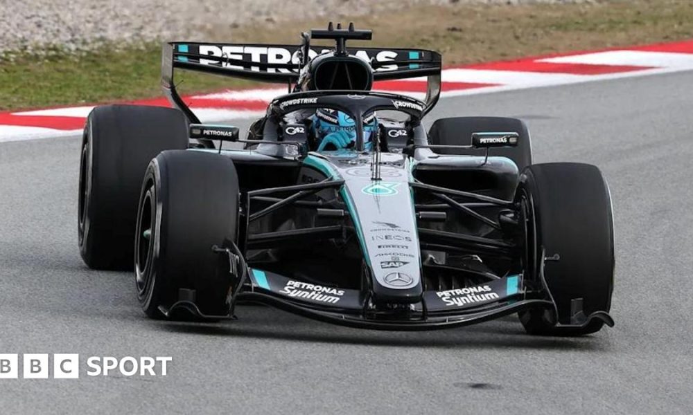 George Russell driving the 2026 Mercedes during Barcelona testing