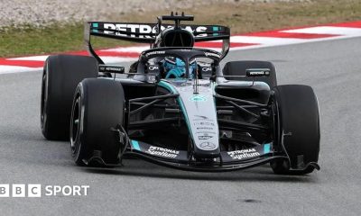 George Russell driving the 2026 Mercedes during Barcelona testing