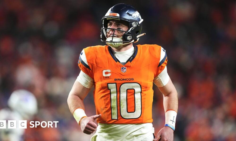 Quarterback Bo Nix jogging on the field as the Denver Broncos beat the Buffalo Bills in the NFL play-offs