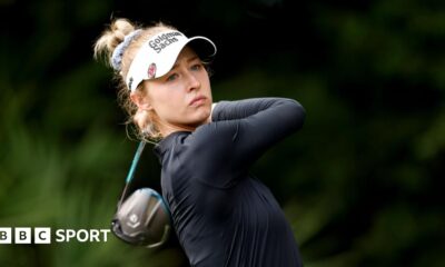 Nelly Korda looks down the course at the end of the follow-through from a shot