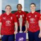 Sophie Ecclestone, Sophia Dunkley and Lauren Bell pose with T20 World Cup trophy at launch event