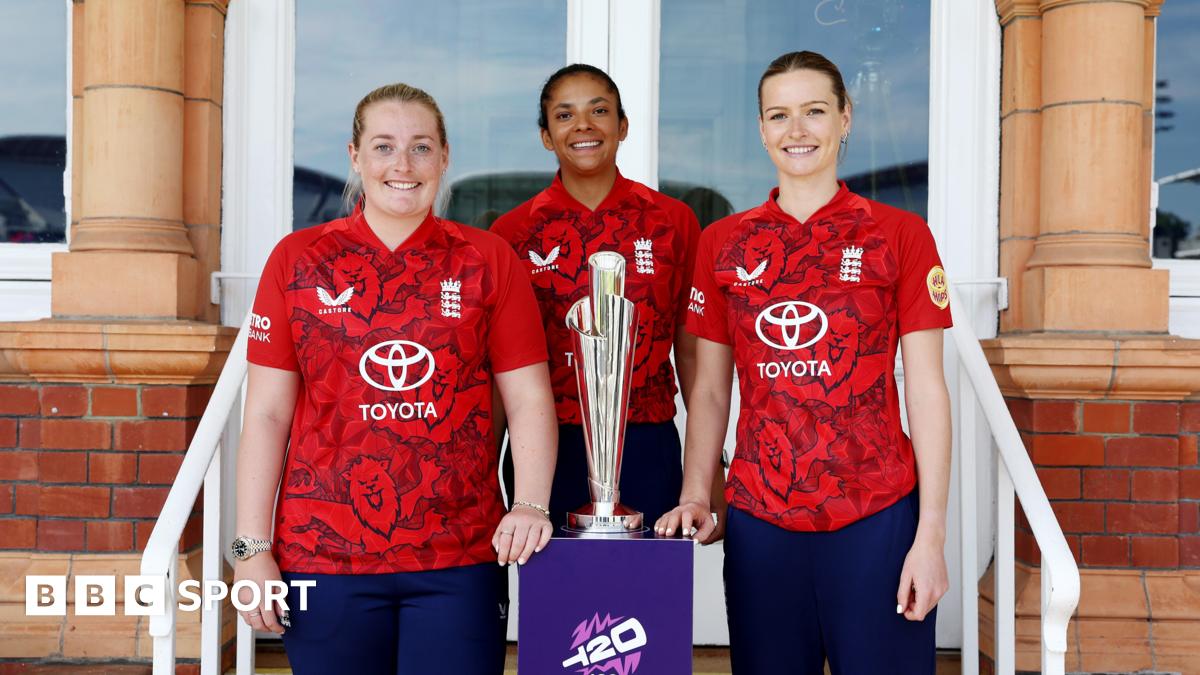 Sophie Ecclestone, Sophia Dunkley and Lauren Bell pose with T20 World Cup trophy at launch event