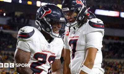 Woody Marks and CJ Stroud celebrate after a touchdown for the Houston Texans against the Pittsburgh Steelers