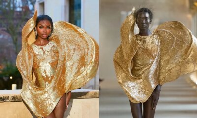 Olandria in a Gold Sculptural Rahul Mishra Couture Gown at Paris Fashion Week