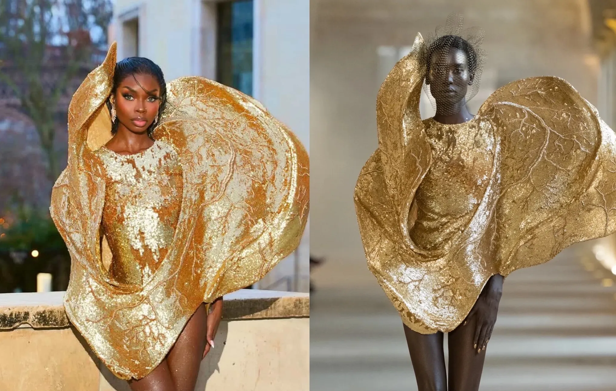 Olandria in a Gold Sculptural Rahul Mishra Couture Gown at Paris Fashion Week