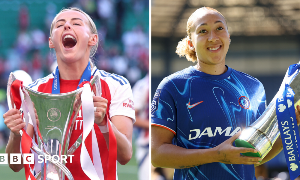 A split image of Arsenal's Chloe Kelly holding the Women's Champions League trophy and Lauren James in a Chelsea shirt holding the Women's Super League trophy