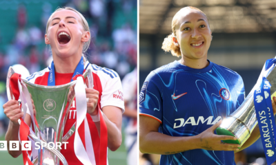 A split image of Arsenal's Chloe Kelly holding the Women's Champions League trophy and Lauren James in a Chelsea shirt holding the Women's Super League trophy
