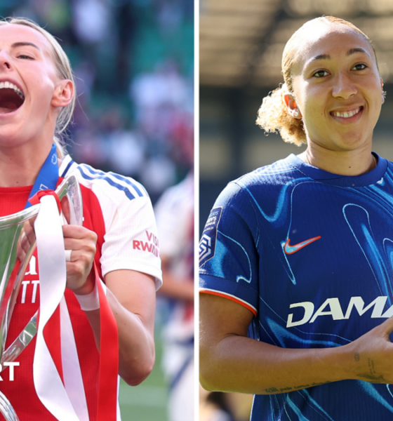 A split image of Arsenal's Chloe Kelly holding the Women's Champions League trophy and Lauren James in a Chelsea shirt holding the Women's Super League trophy