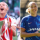 A split image of Arsenal's Chloe Kelly holding the Women's Champions League trophy and Lauren James in a Chelsea shirt holding the Women's Super League trophy