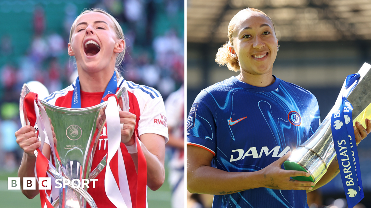 A split image of Arsenal's Chloe Kelly holding the Women's Champions League trophy and Lauren James in a Chelsea shirt holding the Women's Super League trophy