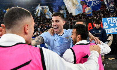 ROME, ITALY - APRIL 13: Alessio Romagnoli of SS Lazio celebrates a opening goal during the Serie A match between Lazio and Roma at Stadio Olimpico on April 13, 2025 in Rome, Italy. (Photo by Marco Rosi - SS Lazio/Getty Images)
