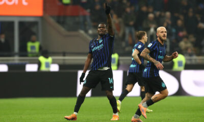 MILAN, ITALY - NOVEMBER 09: Ange-Yoan Bonny of Internazionale celebrates scoring his team's second goal during the Serie A match between FC Internazionale and SS Lazio at Giuseppe Meazza Stadium on November 09, 2025 in Milan, Italy. (Photo by Marco Luzzani/Getty Images)