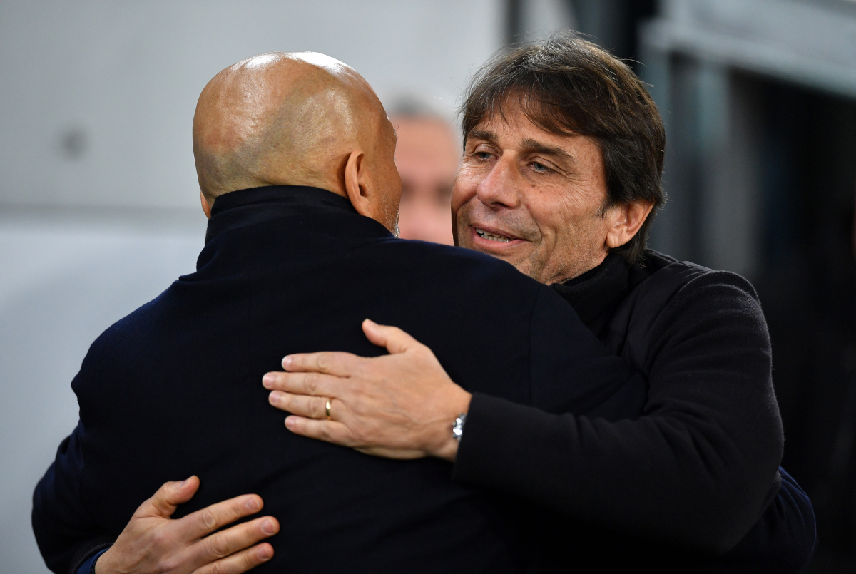 TURIN, ITALY - JANUARY 25: Antonio Conte, Head Coach of SSC Napoli, interacts with Luciano Spalletti, Head Coach of Juventus, prior to the Serie A match between Juventus FC and SSC Napoli at Juventus Stadium on January 25, 2026 in Turin, Italy. (Photo by Valerio Pennicino/Getty Images)