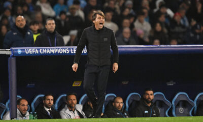 NAPLES, ITALY - JANUARY 28: Antonio Conte, Head Coach of SSC Napoli, reacts from the technical area during the UEFA Champions League 2025/26 League Phase MD8 match between SSC Napoli and Chelsea FC at Stadio Diego Armando Maradona on January 28, 2026 in Naples, Italy. (Photo by Tullio M. Puglia/Getty Images)