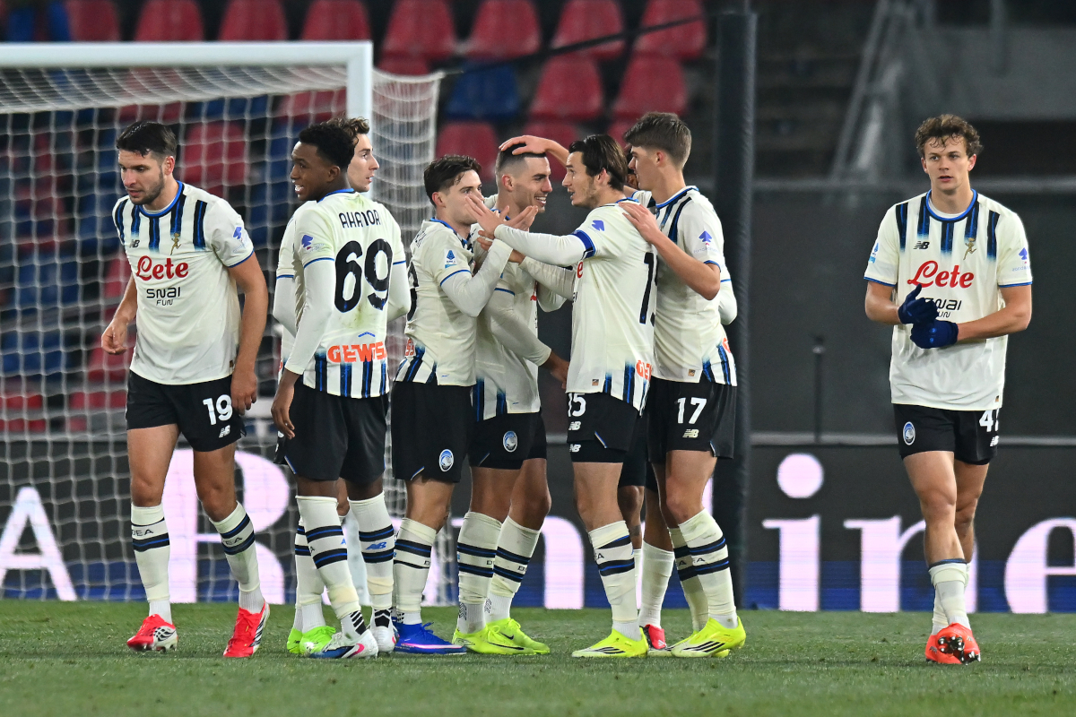 BOLOGNA, ITALY - JANUARY 07: Nikola Krstovic of Atalanta celebrates scoring his team's second goal with teammates during the Serie A match between Bologna FC 1909 and Atalanta BC at Renato Dall'Ara Stadium on January 07, 2026 in Bologna, Italy. (Photo by Alessandro Sabattini/Getty Images)