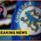 Chelsea FC logo and yellow breaking news banner