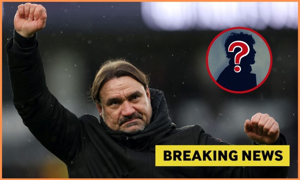 Leeds United boss Daniel Farke and 'breaking news' banner
