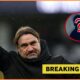 Leeds United boss Daniel Farke and 'breaking news' banner