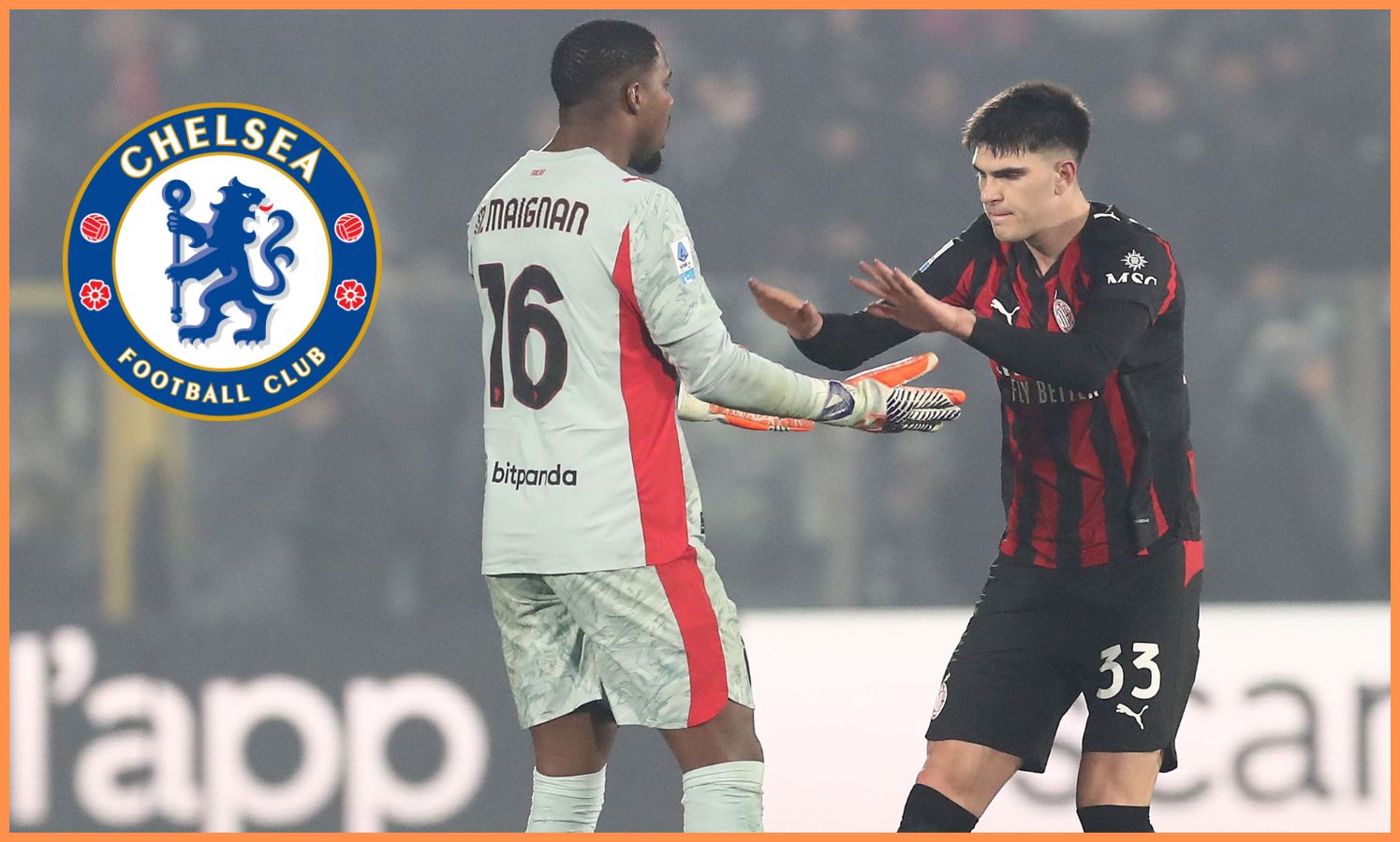 Mike Maignan and Davide Bartesaghi of AC Milan celebrate