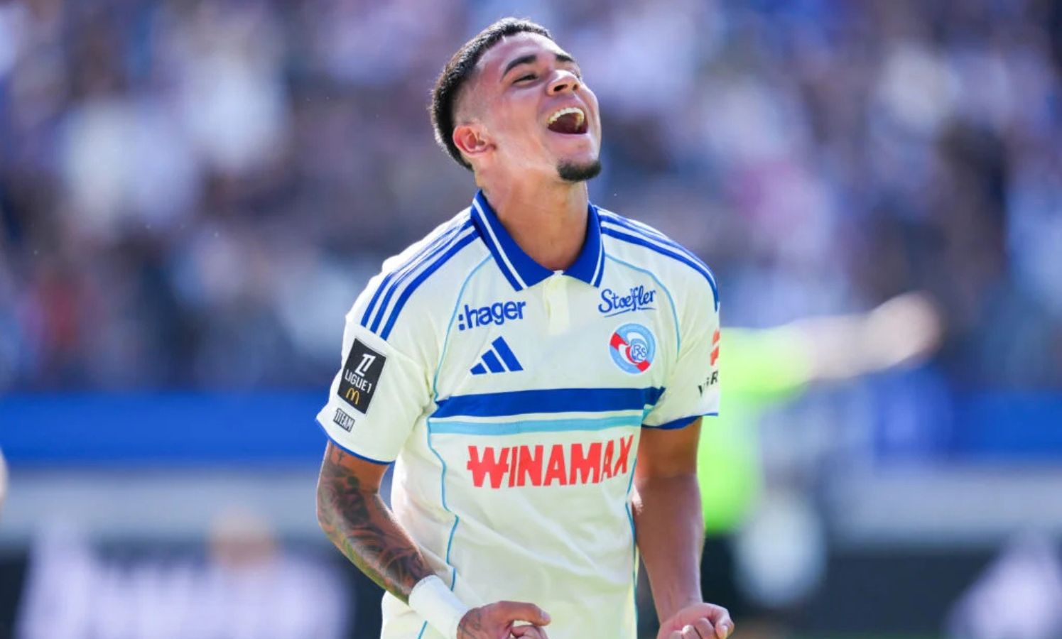 Kendry Paez celebrates a goal for Strasbourg