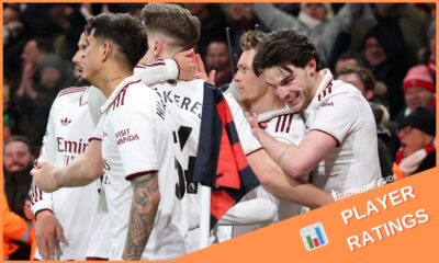 Declan Rice celebrates with his Arsenal teammates after scoring vs Bournemouth