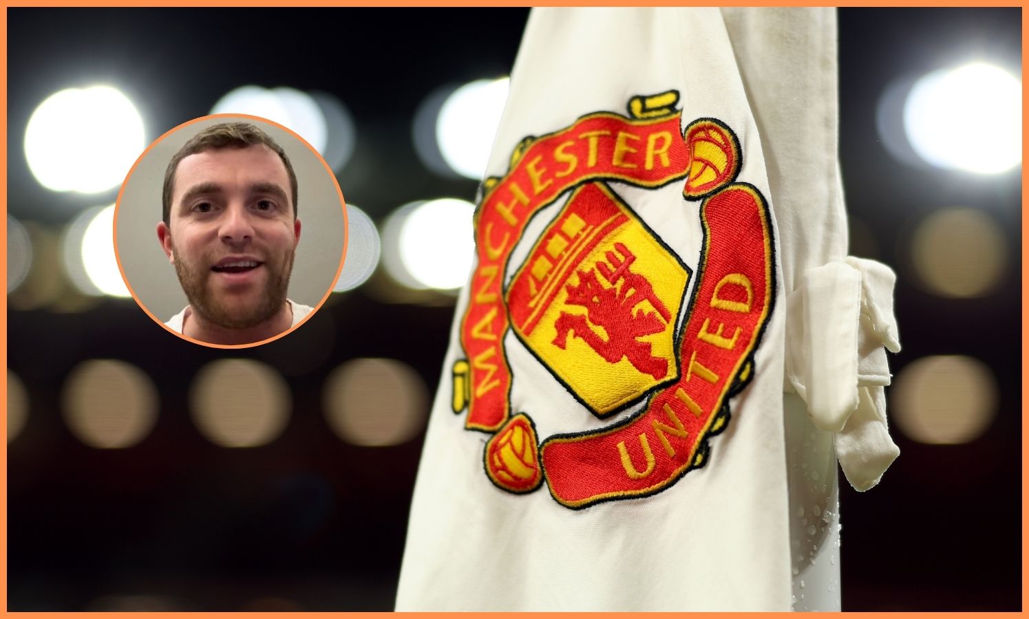 The Manchester United logo on a corner flag, and Fabrizio Romano