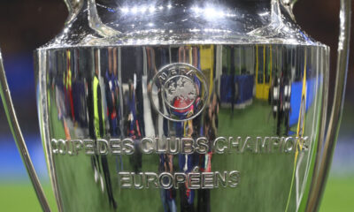MILAN, ITALY - MARCH 11: The UEFA Champions League trophy is displayed on a plinth at the side of the pitch prior to the UEFA Champions League 2024/25 UEFA Champions League 2024/25 Round of 16 Second Leg match between FC Internazionale Milano and Feyenoord at on March 11, 2025 in Milan, Italy. (Photo by Marco Luzzani/Getty Images)