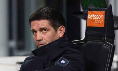 MILAN, ITALY - JANUARY 04: Cristian Chivu, Head Coach of FC Internazionale Milano, looks on prior to the Serie A match between FC Internazionale and Bologna FC 1909 at Giuseppe Meazza Stadium on January 04, 2026 in Milan, Italy. (Photo by Marco Luzzani/Getty Images)
