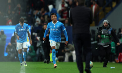 RIYADH, SAUDI ARABIA - DECEMBER 18: David Neres of SSC Napoli celebrates scoring his team's first goal during the Supercoppa Italiana Semi-Final match between SSC Napoli and AC Milan at King Saud University Stadium on December 18, 2025 in Riyadh, Saudi Arabia. (Photo by Yasser Bakhsh/Getty Images)