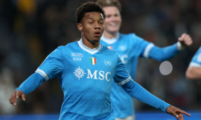 RIYADH, SAUDI ARABIA - DECEMBER 22: David Neres of SSC Napoli celebrates scoring his team's second goal during the Supercoppa Italiana Final between SSC Napoli and Bologna FC 1909 at King Saud University Stadium on December 22, 2025 in Riyadh, Saudi Arabia. (Photo by Yasser Bakhsh/Getty Images)