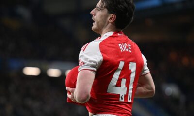 Declan Rice preparing to take a throw-in for Arsenal