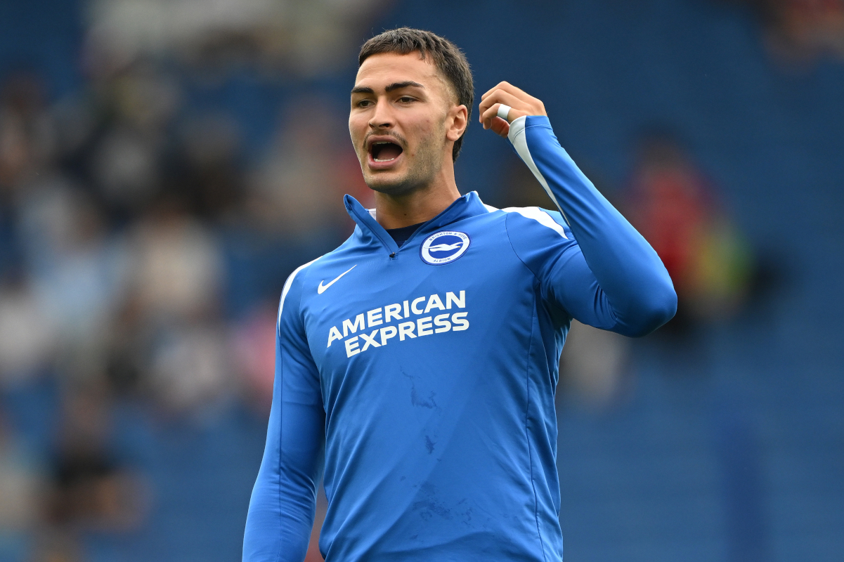 BRIGHTON, ENGLAND - AUGUST 16: Diego Coppola of Brighton & Hove Albion in action during the warm up ahead of the Premier League match between Brighton & Hove Albion and Fulham at Amex Stadium on August 16, 2025 in Brighton, England. (Photo by Mike Hewitt/Getty Images)