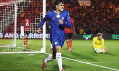 Facundo Buonanotte of Chelsea celebrates scoring against Lincoln City