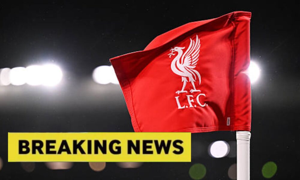Liverpool corner flag with overaly of breaking news