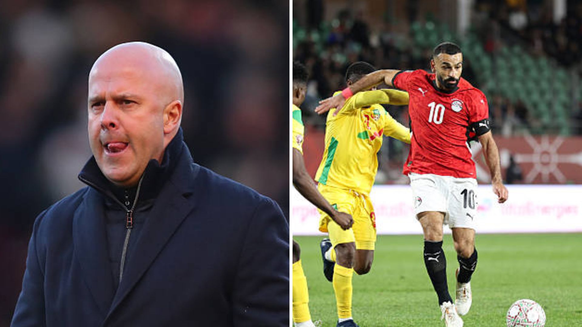 Split image of Arne Slot and Salah in action for Egypt
