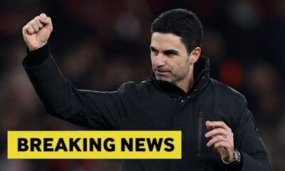 Mikel Arteta with overlay of Breaking News
