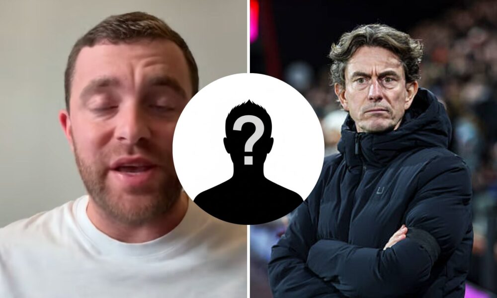 Split image of Fabrizio Romano and Thomas Frank with overlay of mystery player