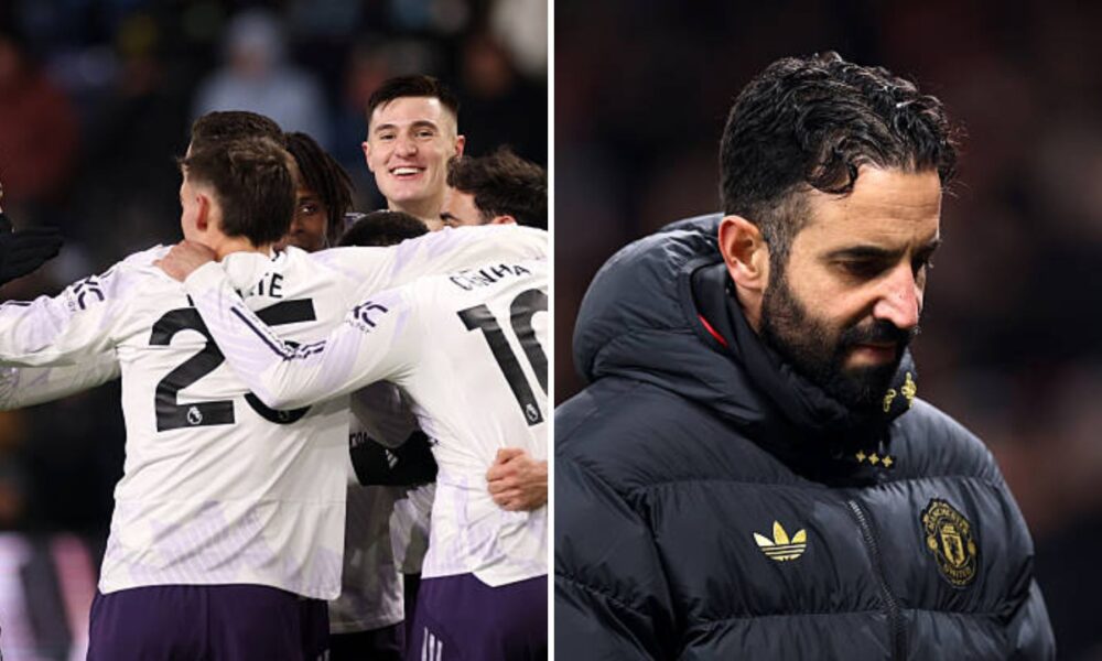 Split image of Man United players including Benjamin Sesko celebrating his goal and Ruben Amorim