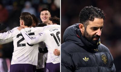 Split image of Man United players including Benjamin Sesko celebrating his goal and Ruben Amorim