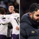 Split image of Man United players including Benjamin Sesko celebrating his goal and Ruben Amorim