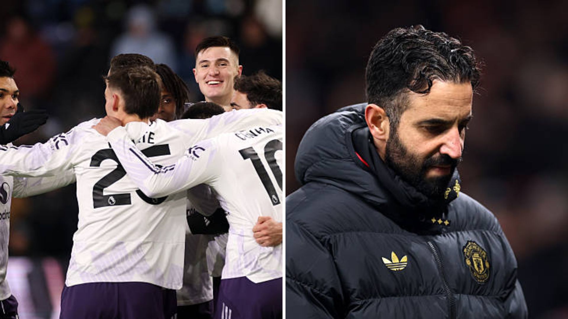 Split image of Man United players including Benjamin Sesko celebrating his goal and Ruben Amorim